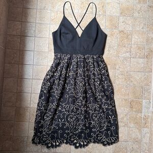 Anthropologie Maeve Eyelet Midi Dress - POCKETS! Black Gold Holiday Party Style